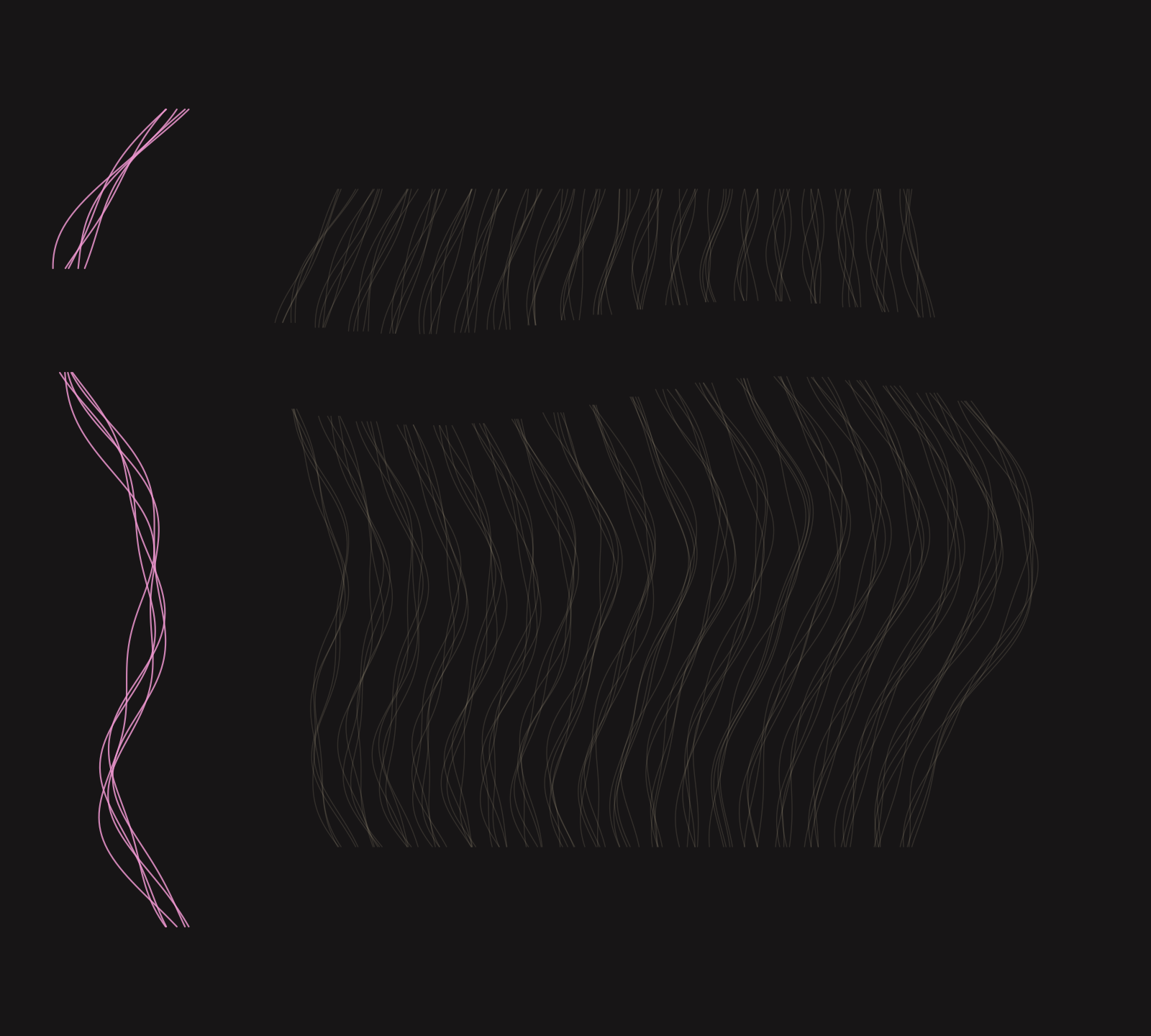A broken pink bundle beside nineteen pale threshold guides.