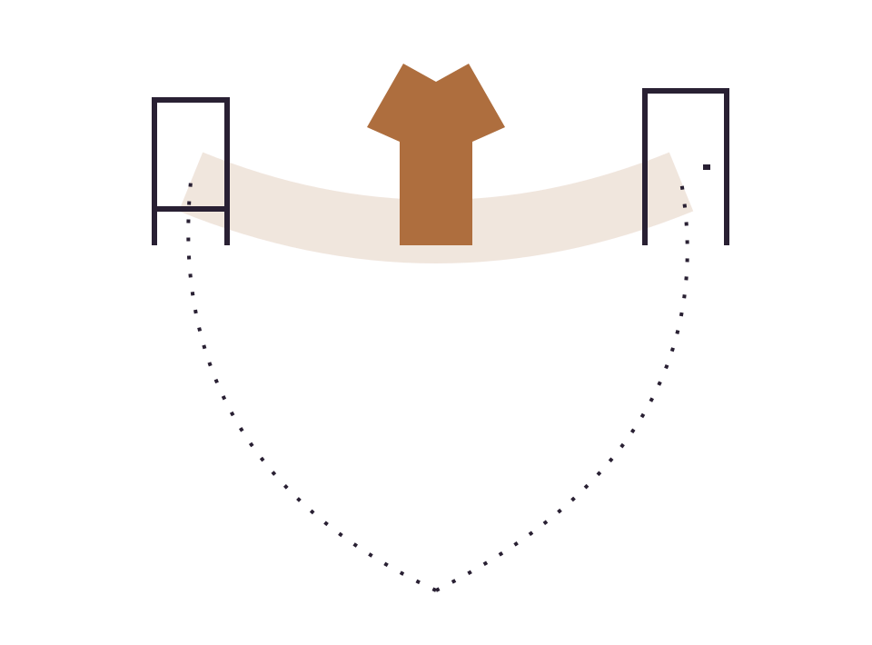 A coat hangs between a chair and a door, with two paths beneath it.